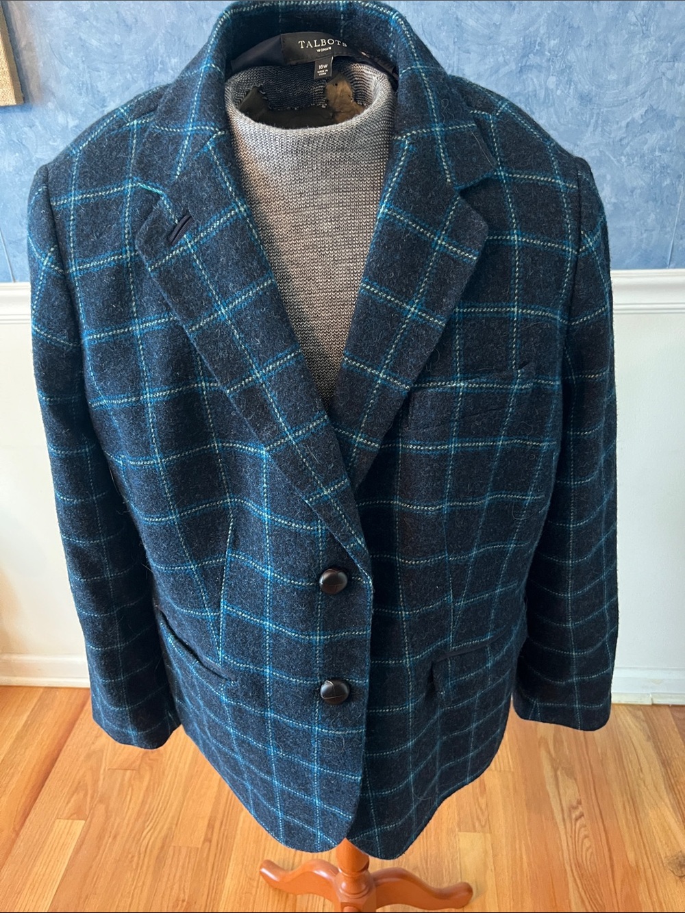 Talbots Navy and Teal Windowpane Wool Blazer